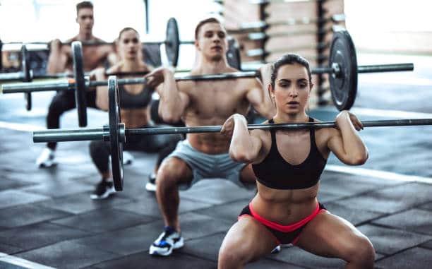 Group of sporty people are working out in gym. gym training. men and women are doing exercises with barbells. Weightlifting.